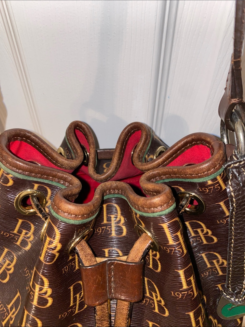 Dooney & Bourke Brown DB Monogram Braided Drawstring Bucket Bag - Picture 7 of 12